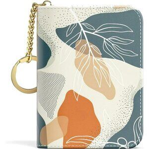 RFID leather credit card holder wallet slim boho leaves zipper small purse